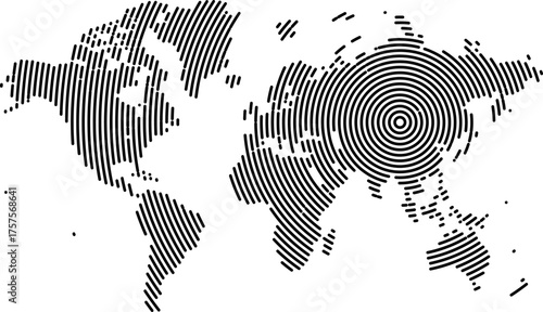 Digital round circle line pattern vector geometric world map design. Global infographic line art pattern map