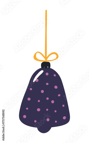 Christmas ornament, tree decoration, bauble, bell isolated on transparent. Hand drawn flat vector illustration. Traditional holiday, Xmas, New Year, seasonal design element, clip art