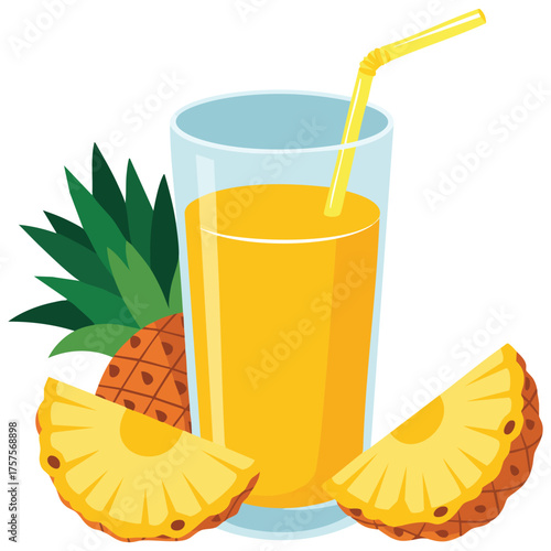  Fresh pineapple with slices and a glass of yellow juice