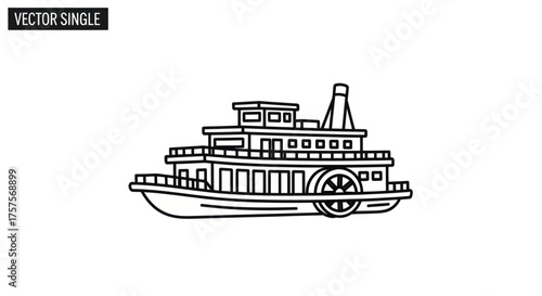Line Art Illustration of a Classic Paddle Steamer Riverboat.