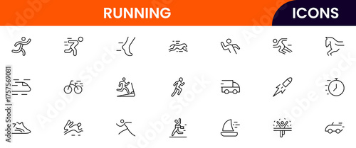 Running vector web line icon collection, sleek illustrations of shoes, tracks, fitness, speed for dynamic, active, athletic designs.