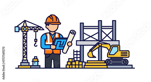 Construction worker with blueprints and heavy machinery on site.