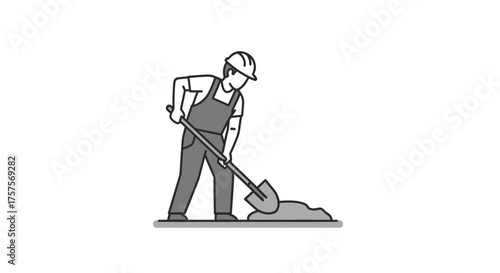 Construction Worker Shoveling Material in Hard Hat and Overalls.