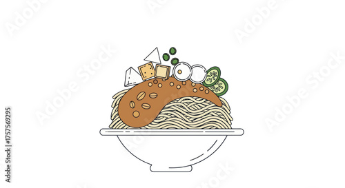 Bowl of Noodles with Toppings: Tofu Vegetables and Sauce.