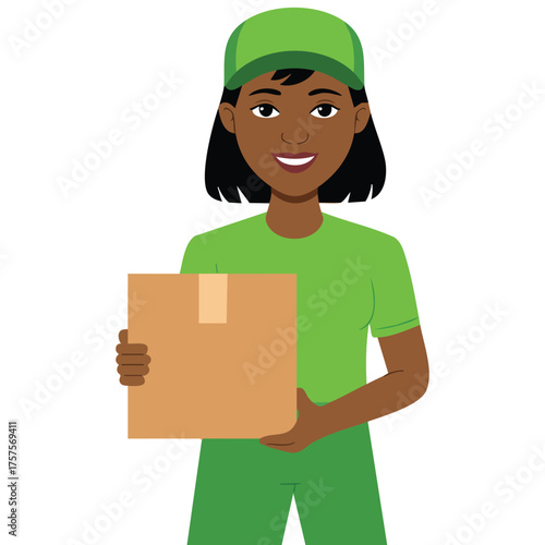  Young female courier delivery girl holding a box