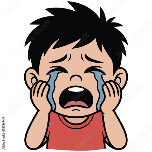 Sad asian boy avatar crying with tears flat emoticon