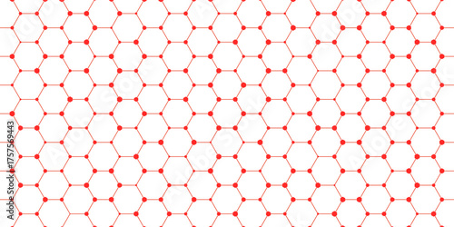 Structure of molecules and atoms. Hexagons connecting and intersecting on a white background. Small, red circles connected by gray lines.