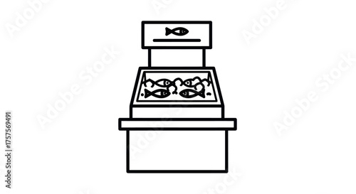 Line Art Illustration of a Fish Market Display Counter with Fresh Fish.