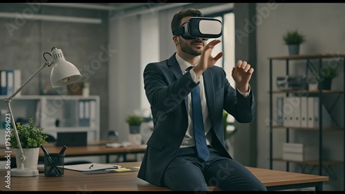 Businessman in a Suit Interacting with Virtual Reality in a Modern Office.