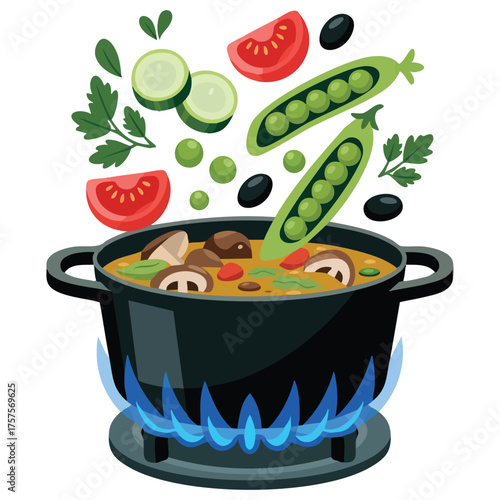  Cooking concept with soup boiling on the stove top