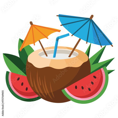  Summer tropical design with leaves coconuts watermelon