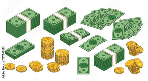 Vector illustration of vector art of a collection of stacks of us dollar bills and gold coins isolated on a