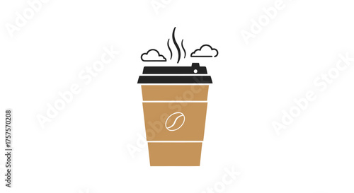 Steaming Hot Coffee Cup with Bean Logo and Clouds.