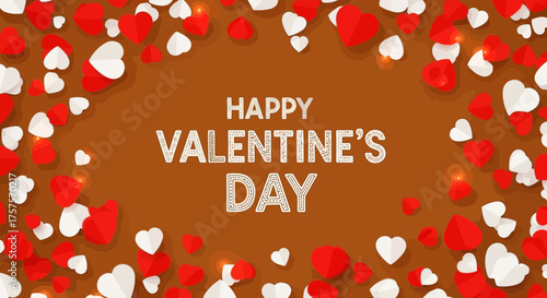 Vector illustration of vector art of happy valentines day text surrounded by a festive border of red and white hearts on a warm brown background