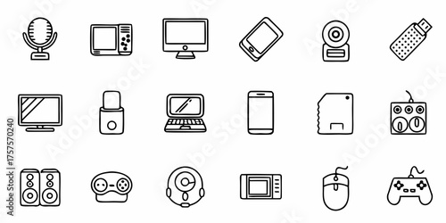 Tech Gadget Icons for Modern Lifestyle: Computer, Laptop, Phone, Microphone, USB Drive and More, Perfect for Technology Designs, App Interfaces, and Digital Platforms - Scalable Vector Graphics