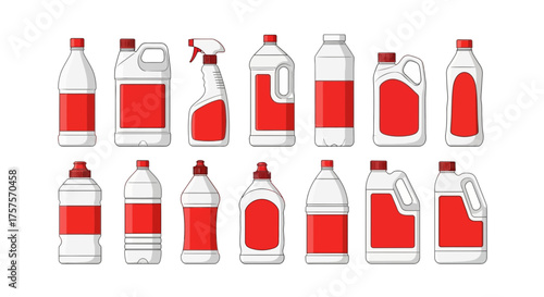 Vector illustration of vector art of collection of various cleaning product bottles with red labels