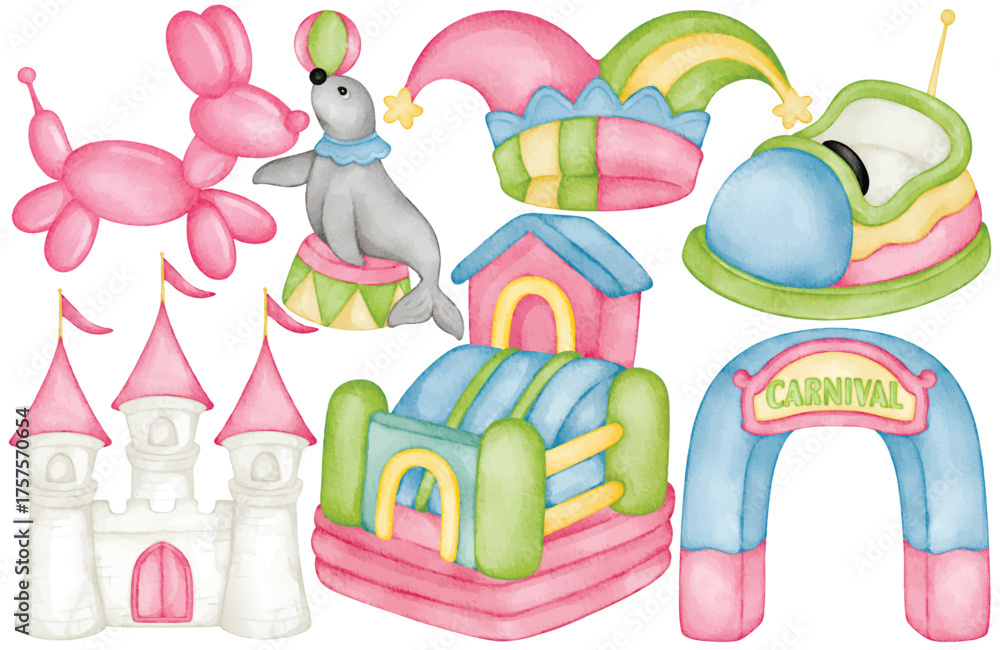 Obraz premium Carnival playground clip art with inflatable castle bumper car clown hat balloon animal and festival arch in colorful watercolor style for funfair amusement or kids event design