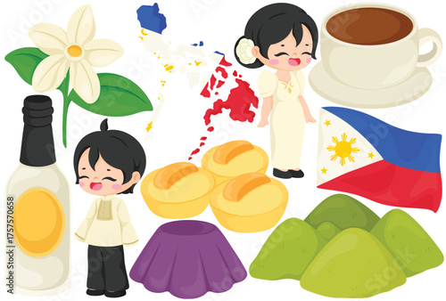 Philippines culture clip art with traditional dress food jasmine flower chocolate hills and flag element in colorful handdrawn style for travel heritage or cultural design