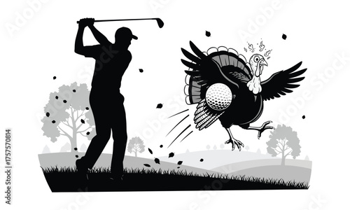 Thanksgiving golfer hitting a turkey as the ball with autumn background in isolated black and white silhouette vector illustration