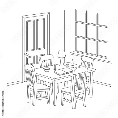 Table with chairs and objects silhouette – Perfect for workspace concepts, minimalist interiors, or creative design projects