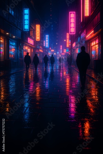 people walking in the Rainy futuristic street with neon reflections and cinematic depth — ideal for atmosphere-based visuals.
