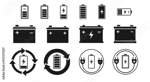 Vector illustration of vector art of collection of battery icons and symbols representing power, energy, and charging