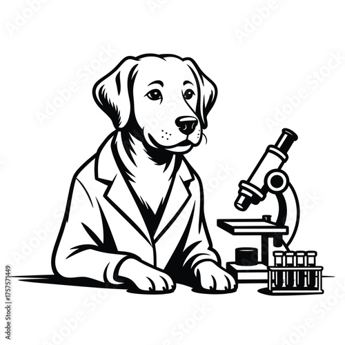 Labrador retriever dog scientist in lab coat with microscope and test tubes