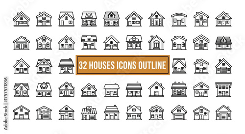 Vector illustration of vector art of collection of 32 house icons outline