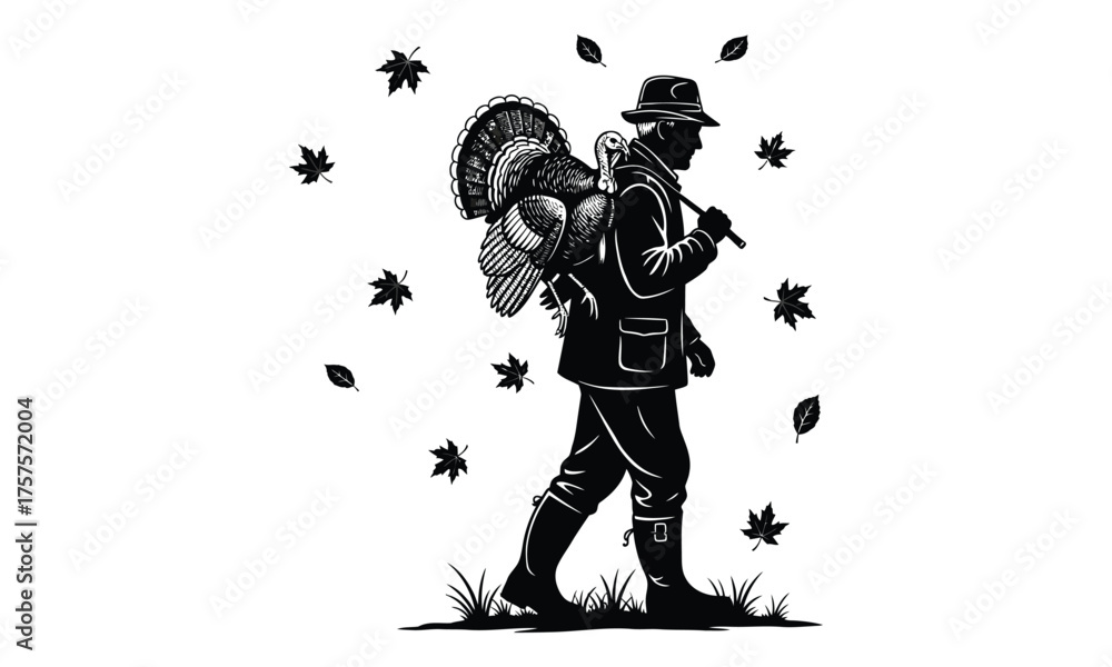 Fototapeta premium Thanksgiving hunter carrying a turkey with falling forest leaves in rustic autumn isolated silhouette vector illustration