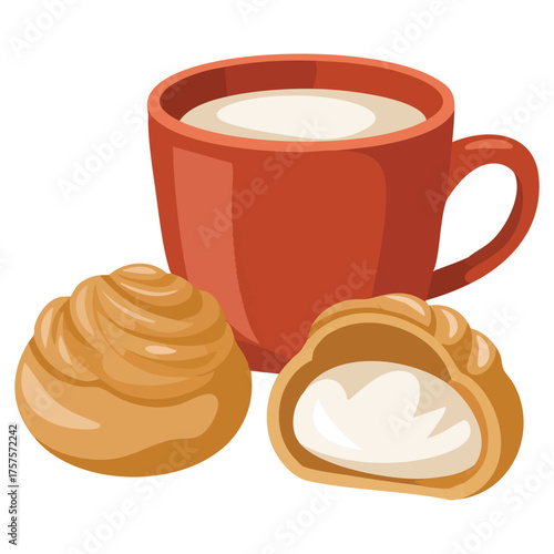 French profiteroles dessert with coffee mug cafe logo