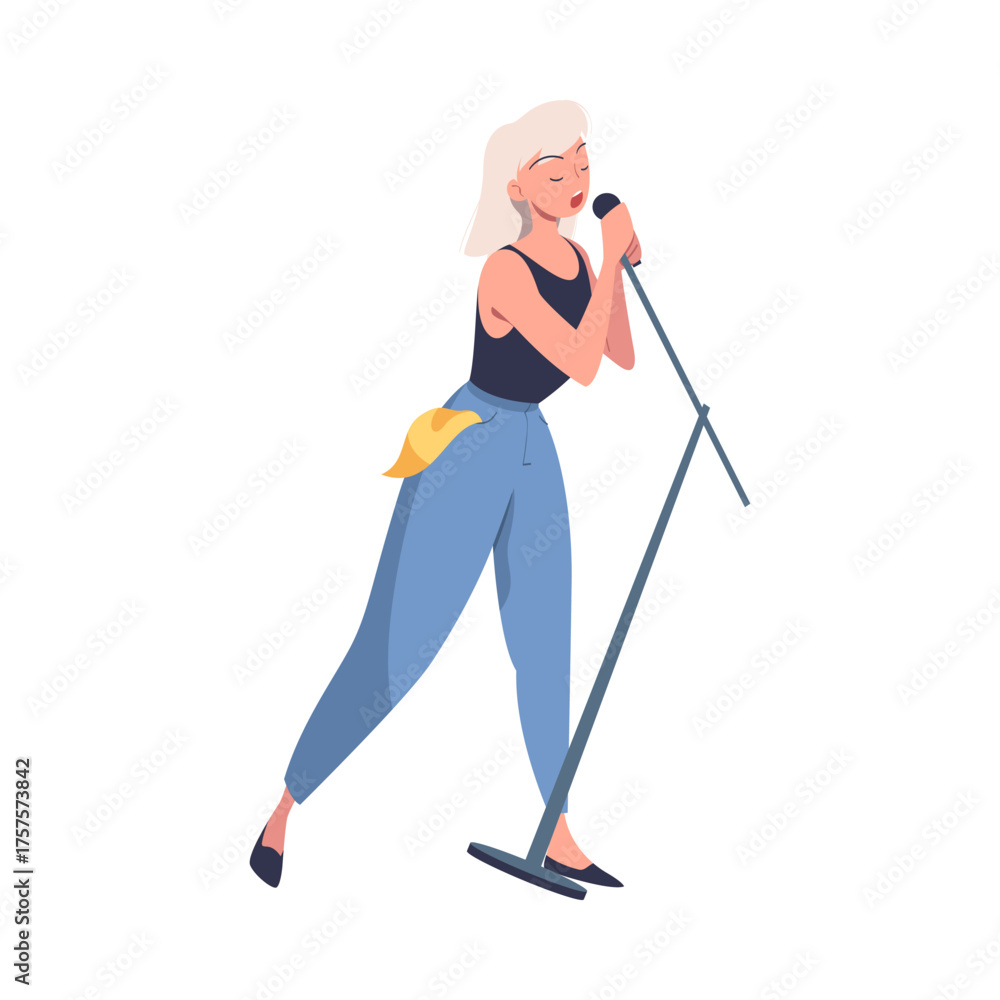 Εκτύπωση καμβά Woman Street Musician Character Sing in Microphone Vector Illustration