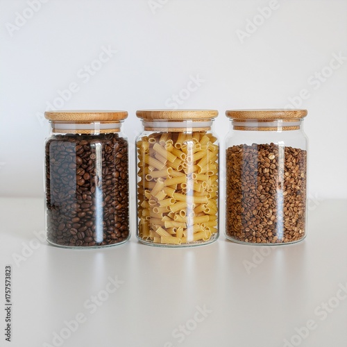 Glass jars with beans and dried foods
