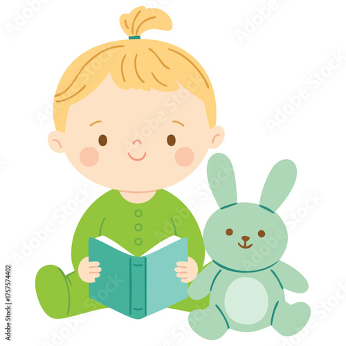 Baby reading fairy tales to toy rabbit storytime