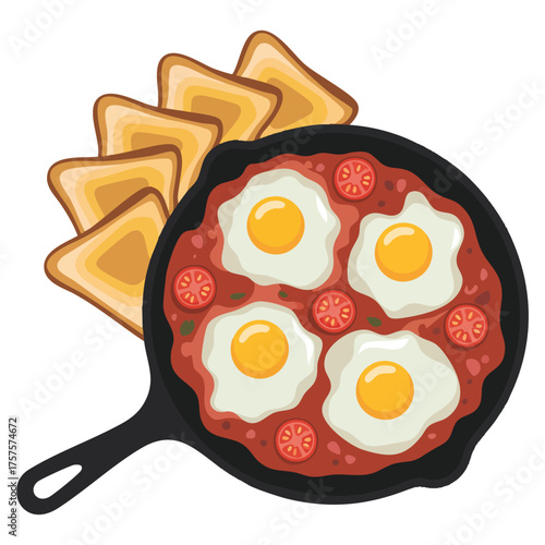 Shakshouka eggs with tomato and bread