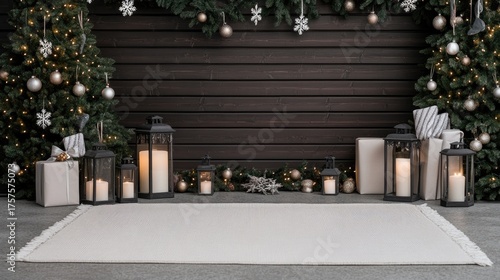A winter-themed living room exudes warmth with a Christmas tree, garland, and gift boxes surrounding a comfortable grey sofa on a white rug, enhanced by soft lighting