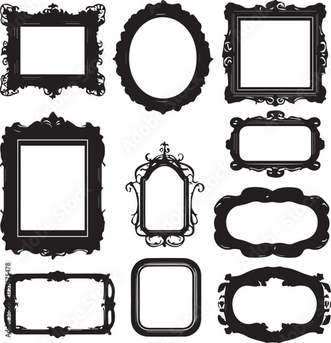 Collection of elegant vintage ornate black decorative photo and mirror frames