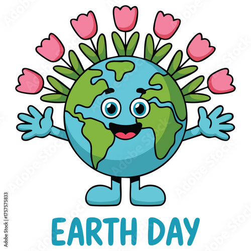 Happy Earth with tulips greeting card isolated vector illustration on white background