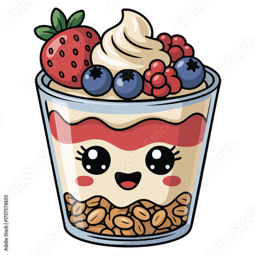 Fruit parfait with yogurt granola isolated vector illustration on white background