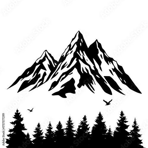 High-Contrast Black Silhouette Landscape: Jagged Mountains, Pine Forest, and Flying Birds against White Background