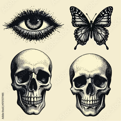 Grunge Punk Y2K Halftone Stipple Vector Set – Eye, Mouth, Skull, Hand, Head, Butterfly – Pop Art Emo Gothic Collage Elements.