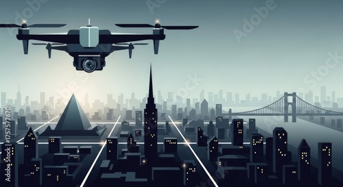 Drone Surveillance Over Futuristic Cityscape with Iconic Landmarks.
