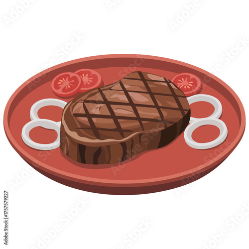 Juicy medium rare steak with tomatoes isolated vector illustration on white background