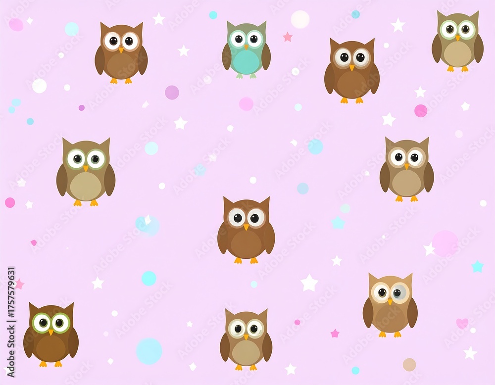 Fototapeta premium Whimsical composition showcasing multiple owl illustrations on a pastel pink background, interspersed with colorful stars and dots