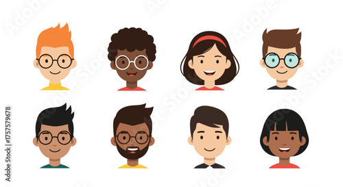 Diverse Group of Children Avatars with Glasses and Various Hairstyles.