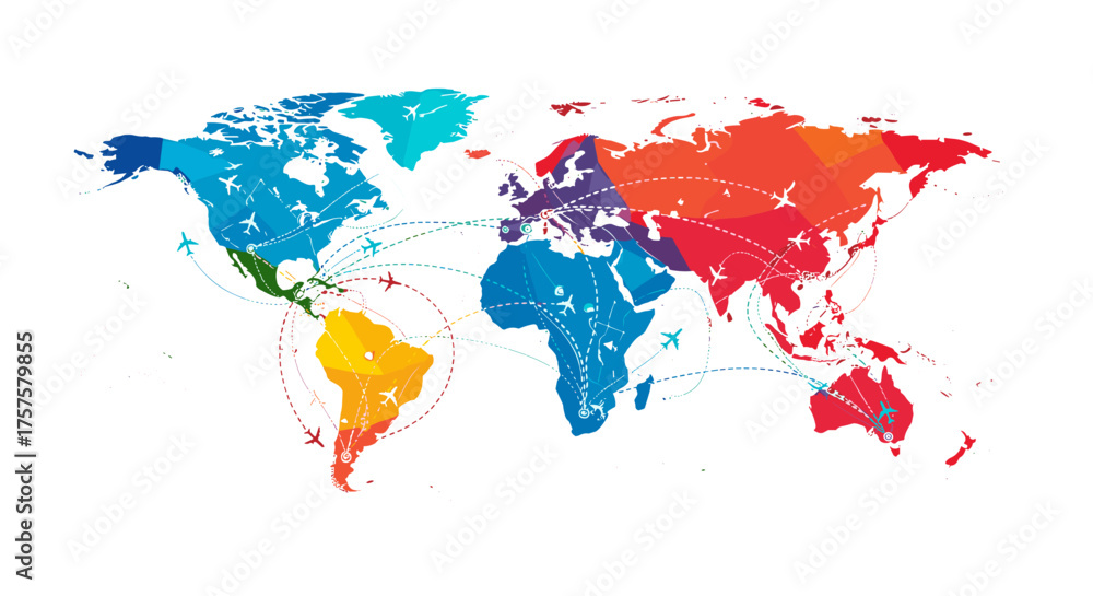 Naklejka premium Colorful World Map with Travel Routes and Connections.