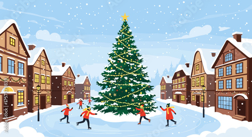 Christmas Tree in Snowy Town Square with People Enjoying Winter.