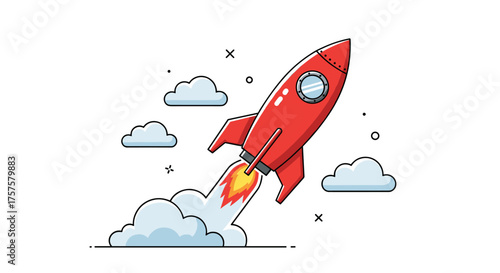 Red rocket launching into the sky with clouds.