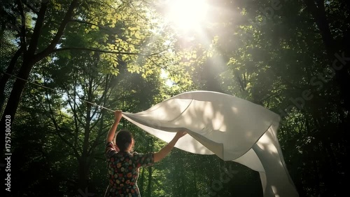 Woman waving a white cloth under sunlit trees in a serene forest setting