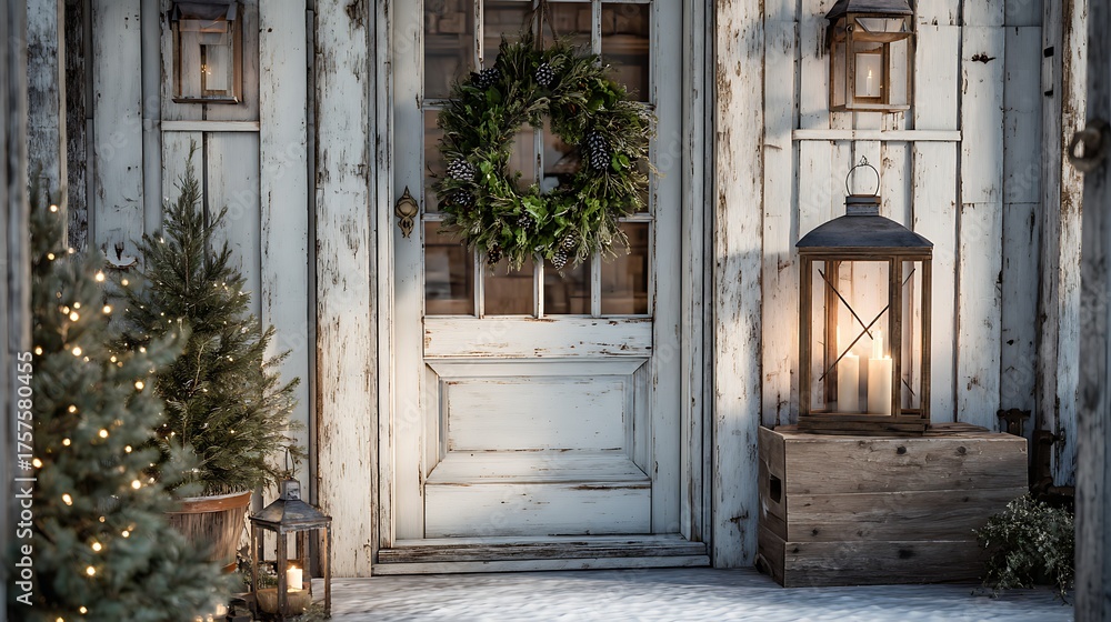 Fototapeta premium Festive rustic porch with a wreath, lantern, and christmas tree decoration