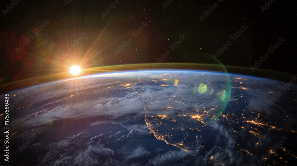 Fototapeta premium Sunrise over planet earth viewed from space satellite